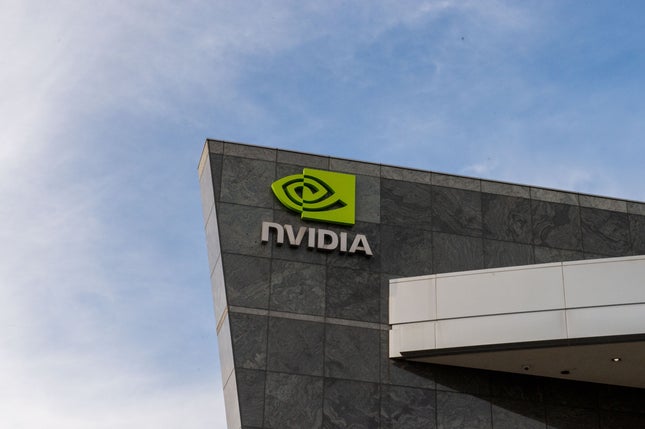 The logo of chip company Nvidia can be seen at its Silicon Valley headquarters. 